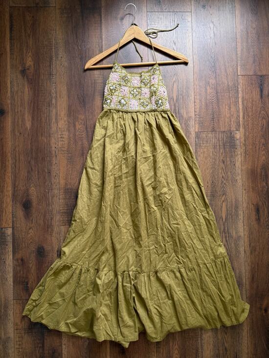 Zara Dresses & Skirts - Zara Olive Crochet Sequin Halter Maxi Dress Small